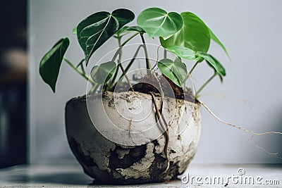 close-up of houseplant with its roots exposed, growing in concrete pot Stock Photo