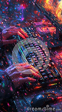 Close up of hs typing on a keyboard with a futuristic colorful digital effect ideal for gamers coders technology enthusiasts Stock Photo