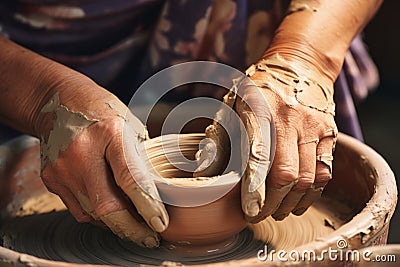 Close up human arms palms unrecognizable male female pottery master hands sculpt vase pot jug experienced workshop Stock Photo