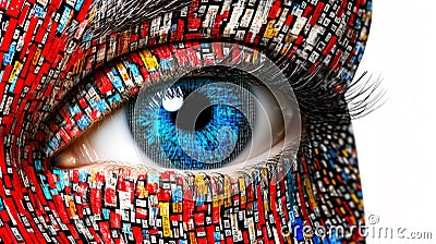 Close-up of a human eye with vibrant blue iris. The surrounding skin is covered in a mosaic of colorful geometric shapes Stock Photo