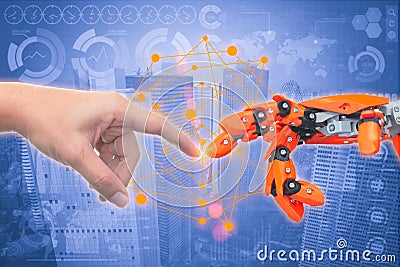 Close up human finger touch robot finger like The Creation of Adam Stock Photo