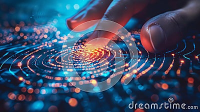 Close-up of a human finger touching a glowing fingerprint sensor on a digital interface, depicting secure biometric authentication Stock Photo