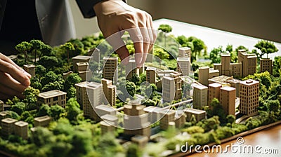 Close-up of human hand touching model of city on the table Generative AI Cartoon Illustration