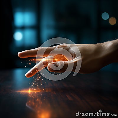 Close up of human hand touching screen with finger and light effects. Mixed media. Stock Photo