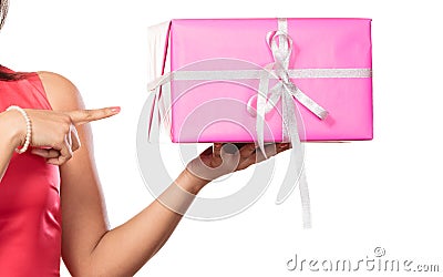 Close up of human hands with box gift. Christmas Stock Photo