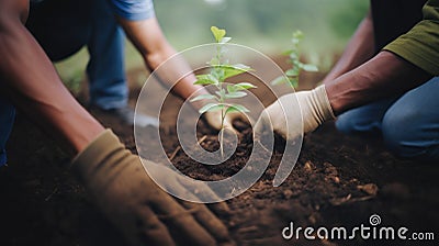 Close up human hands planting trees environment restoration. Stock Photo