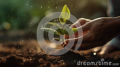 Close up human hands planting trees environment restoration. Stock Photo