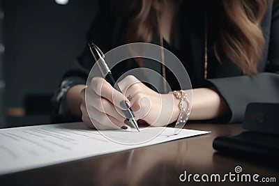 Close-up human hands view of businesswoman signing documents. Generative AI Stock Photo