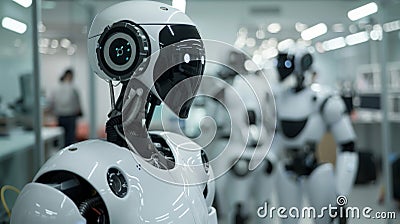 Close-up of a humanoid robot among others in a high-tech robotics laboratory, AI Generated Stock Photo