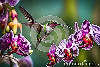 A close-up of a hummingbird in mid-flight, wings blurred with speed, sipping nectar from a vibrant orchid Stock Photo