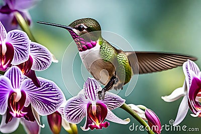 A close-up of a hummingbird in mid-flight, wings blurred with speed, sipping nectar from a vibrant orchid Stock Photo