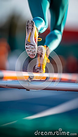 Close up of hurdler s legs clearing hurdle, showcasing speed and agility in olympic sport Stock Photo