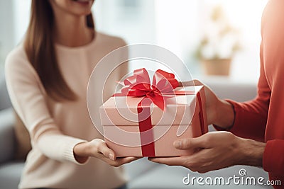 Close-up, husband surprises wife with gift, Valentine& x27;s Day, living room sofa, focus on present. Stock Photo