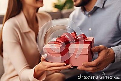 Close-up, husband surprises wife with gift, Valentine& x27;s Day, living room sofa, focus on present. Stock Photo