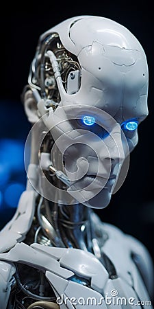 Close-up Hyperrealistic Portrait Of Incomplete Humanoid Android Covered In White Porcelain Skin Stock Photo