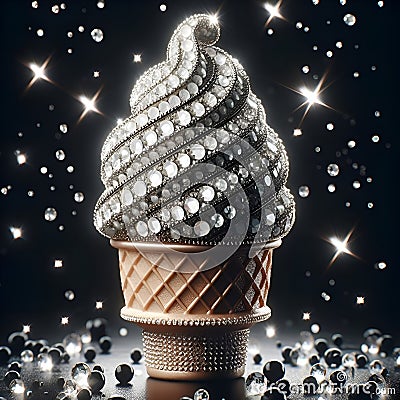 A close-up of an ice cream cone. A ball of white ice cream in a waffle cone in rhinestones. Extravagant bright photo, creative Stock Photo