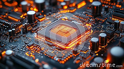 Close-up of an illuminated computer processor on a glowing motherboard, emphasizing technology and innovation Stock Photo