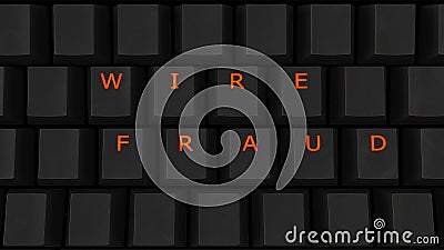 Close Up of Illuminated Glowing Keys on a Black Keyboard Spelling Wire Fraud Cartoon Illustration