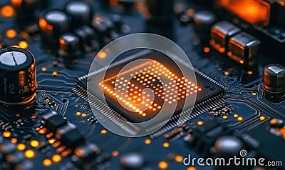 Close-up of illuminated microchip on circuit board showcasing advanced technology and design Stock Photo