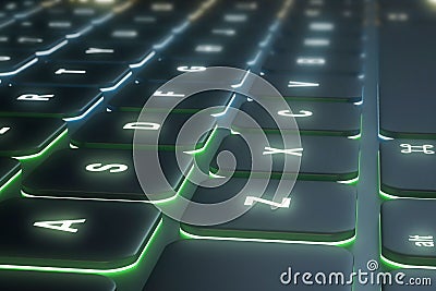 Close up of illuminated neon keyboard. Technology and gaming concept. Editorial Stock Photo