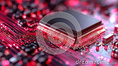 Close up of illuminated processor chip on a circuit board Stock Photo