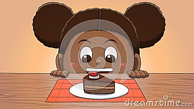 Black Girl Looking at Cake Slice Cartoon Illustration