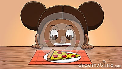 Black Girl Looking at Pizza Slice Cartoon Illustration