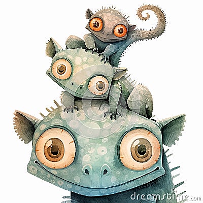 Close-up illustration with cute cartoon monsters heads on white background, illustration for children. Generative AI Cartoon Illustration