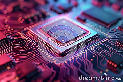 Close-up illustration of electronic component on circuit board. Digital microchip, processor, computer hardware, motherboard, Cartoon Illustration
