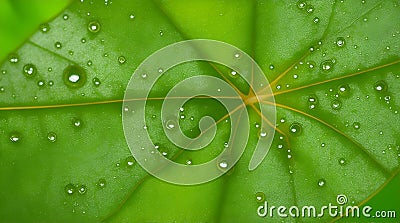 Close-up illustration of a fresh green leaf with dew drops on the leaf. Background. generative AI Cartoon Illustration