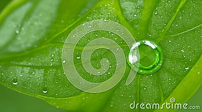 Close-up illustration of a fresh green leaf with dew drops on the leaf. Background. generative AI Cartoon Illustration