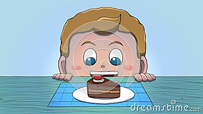 White Boy Looking at Cake Slice Cartoon Illustration