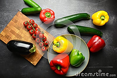 Close-up image of an array of Colorful Mediterranean vegetables zucchinis, tomatoes, sweet peppers Stock Photo