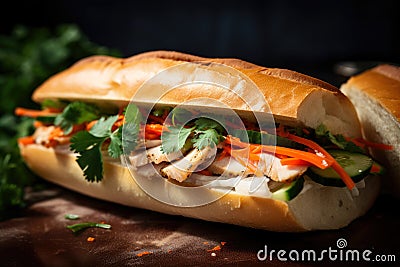 close-up image of a Banh Mi sandwich with a crunchy baguette, tender grilled chicken, pickled carrots and daikon, jalapeno, Stock Photo