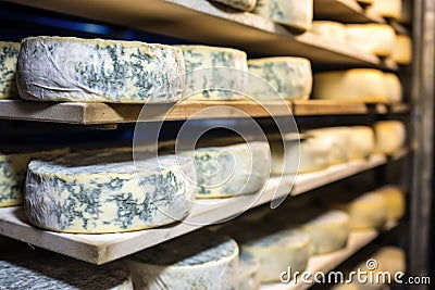 close-up image of blue-veined cheese maturing in cellar Stock Photo