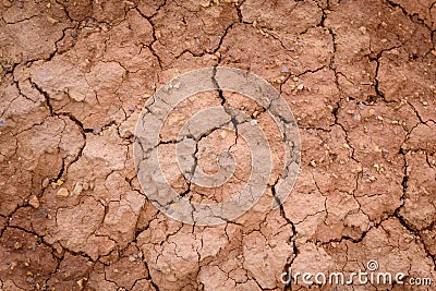 Close up image of brown dry soil texture. Abstract pattern of red-hot cracked clay. Lifeless desert background Stock Photo