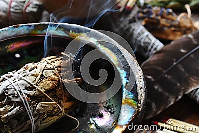 Burning White Sage Bundle Stock Photo