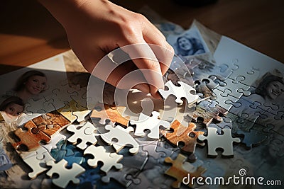 Close-up image of businesswoman hand connecting jigsaw puzzle pieces Stock Photo