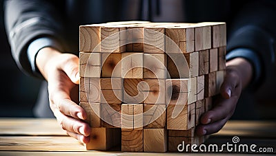 Close-up image of businesswoman's hands placing wooden cube on table Stock Photo