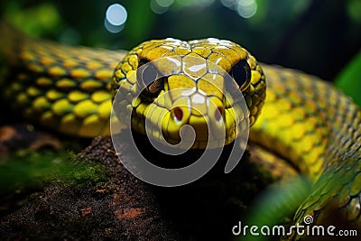 This close-up image captures a yellow snake coiled on a branch in its natural habitat, The gold-ringed cat snake in defensive mode Stock Photo