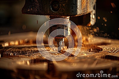 a close-up image capturing a jigsaw tool in action as it precisely gash through wood, creating a dynamic scene Stock Photo