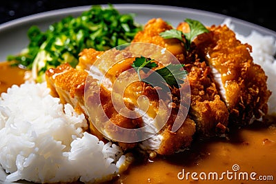 Close-up image of chicken katsu curry with a side of steaming white rice, garnished with fresh herbs Stock Photo