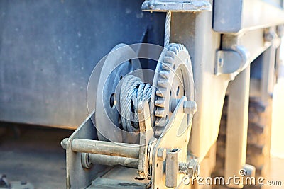 Close-up image, dark green backlash, mechanical rope, industrial work Background sunlight Stock Photo