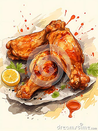 A Painting Of Chicken Legs And Lemon Slices Stock Photo