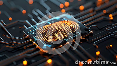Close-up of fingertip interacting with glowing fingerprint on circuit board, representing biometric data and security systems Stock Photo