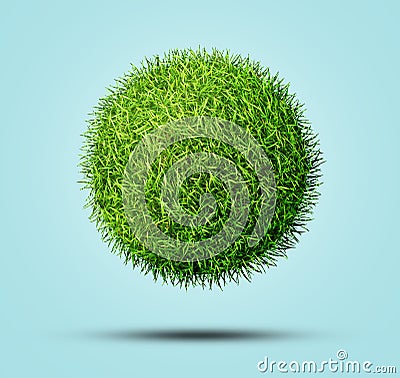 Green grass sphere shape in blue background. Clipping path Stock Photo