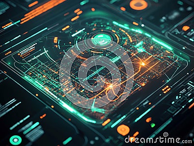 Close-up image of a glowing, active digital interface with futuristic circuit patterns, buttons, switches, and possibly Stock Photo