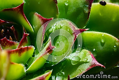 Close up image of a green houseleek, succulent, semprevivum, with water drops Stock Photo