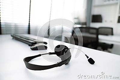 Close up image of headphones for competent online working. Stock Photo