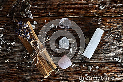 Palo Santo and Healing Crystals Stock Photo